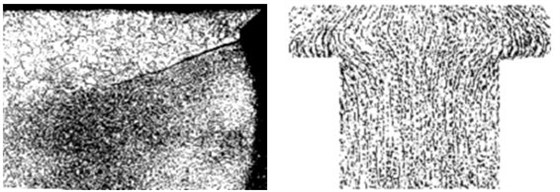 图10-8粗细晶粒交界面上的裂纹 ×50 图10-9螺栓头部不合格金属流线 50×
