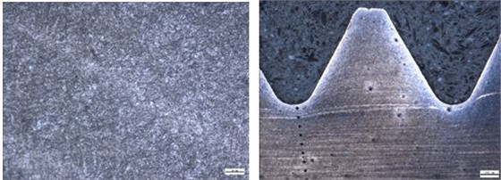图13-8 螺栓心部金相组织 图13-9螺纹表层金相组织