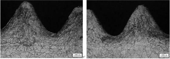 图5-23 GH4169螺栓滚压加工后的晶粒流线组织