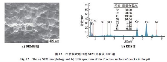 图１２ 凹坑裂纹断口的SEM 形貌及EDS谱