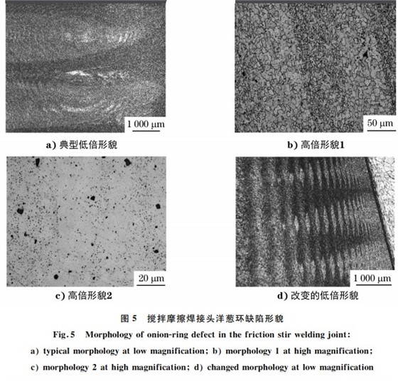 图５ 搅拌摩擦焊接头洋葱环缺陷形貌