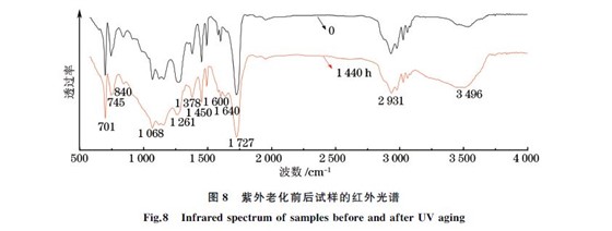 图８ 紫外老化前后试样的红外光谱