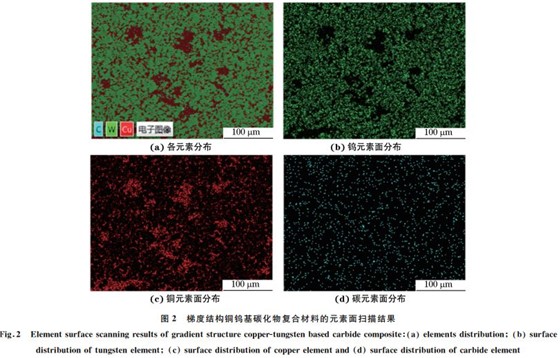 图２ 梯度结构铜钨基碳化物复合材料的元素面扫描结果