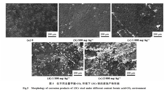 图５ 在不同含量甲酸ＧCO２ 环境下１３Cr钢的腐蚀产物形貌