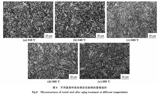 图８ 不同温度时效处理后试验钢的显微组织