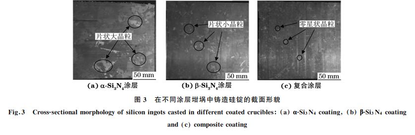 图３ 在不同涂层坩埚中铸造硅锭的截面形貌