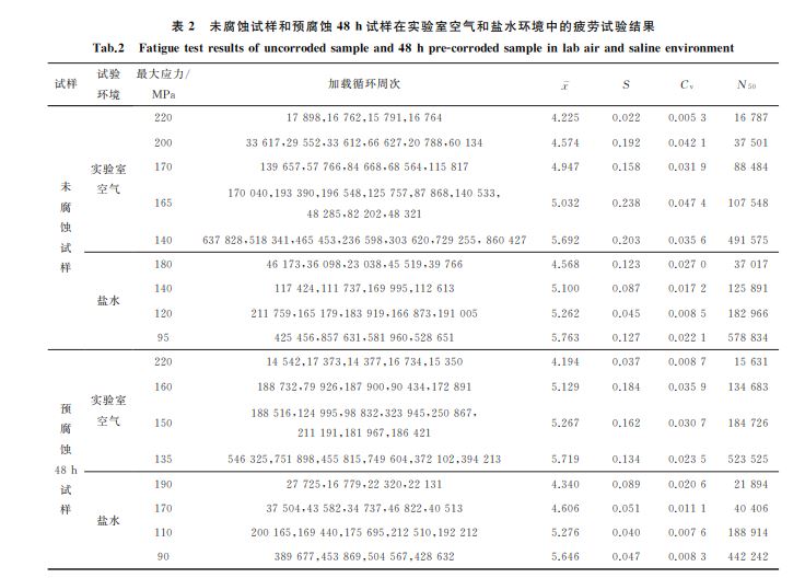 表２ 未腐蚀试样和预腐蚀４８h试样在实验室空气和盐水环境中的疲劳试验结果